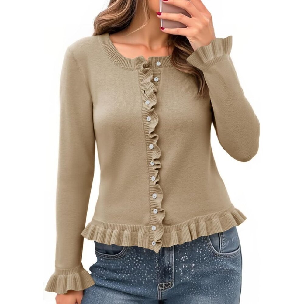 Womens Ruffle Cardigan Sweater Small Soft Knit Crew Neck Button Up Casual